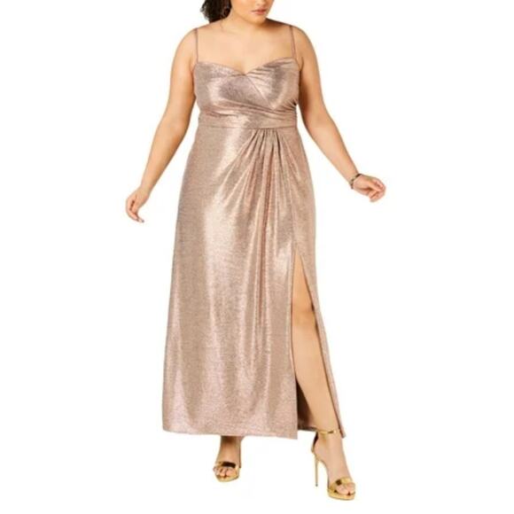 Metallic Sleeveless Evening Gown Rose Gold Size 14W Nightway Thigh Slit Dress - Picture 11 of 12